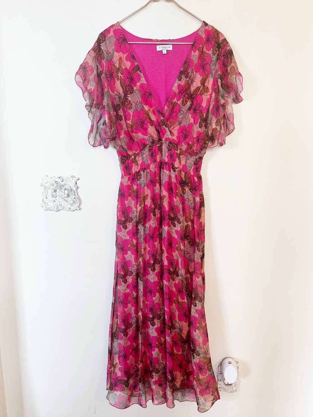 Le Ragazze Pink Floral Butterfly Flutter Sleeve Silk Maxi Dress XL - Picture 3 of 9